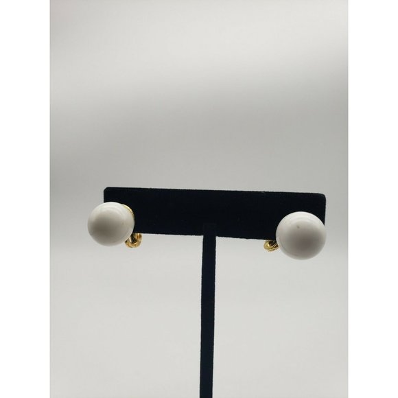 Vintage Clip On Earrings by MONET - White Lucite, Ball Style w/ Gold Tone - Picture 1 of 2